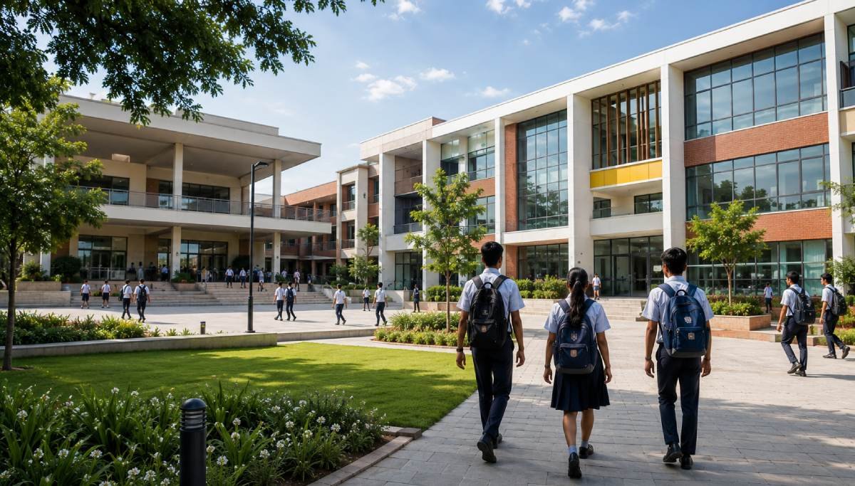 Modern school campus with children walking