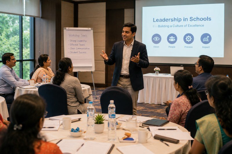 Principal speaking with teachers in a workshop