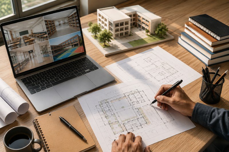 Architect reviewing school blueprint