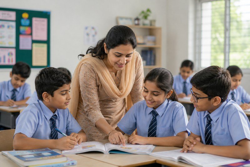 Principal with teachers in modern classroom